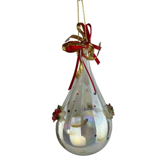 Handblown Glass Teardrop Christmas Ornament Gold & Red Ribbon Rose Embellishment - Picture 8 of 8